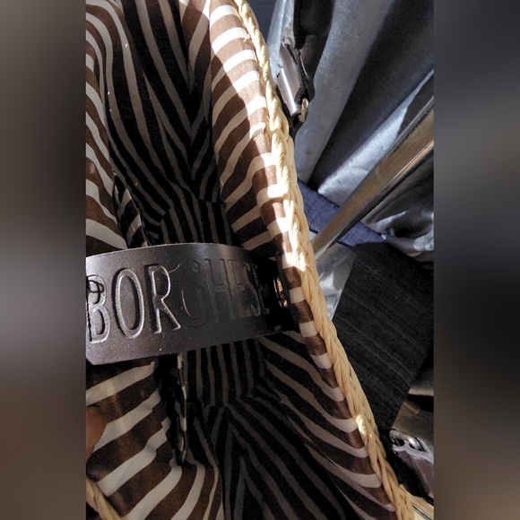 Borghese Large straw jute shoulder bag brown white pinstriped inside - Picture 2 of 10